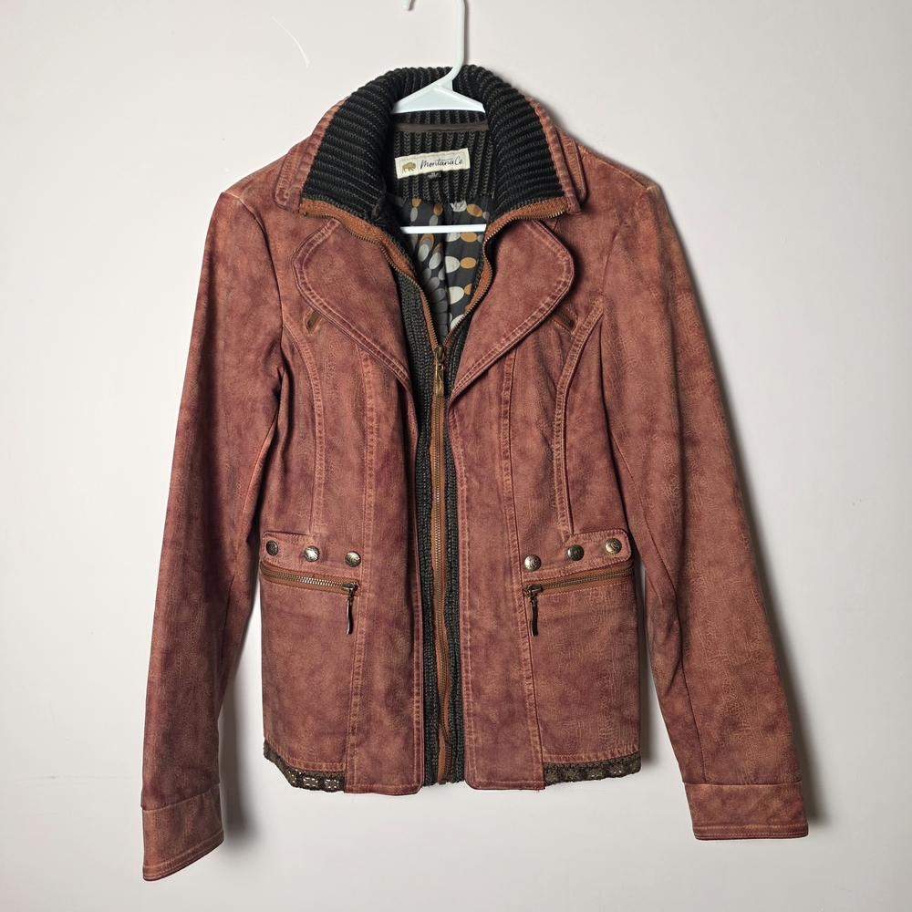 Montana Co Distressed Faux Leather Moto Jacket Medium Rust Brown Knit Collar